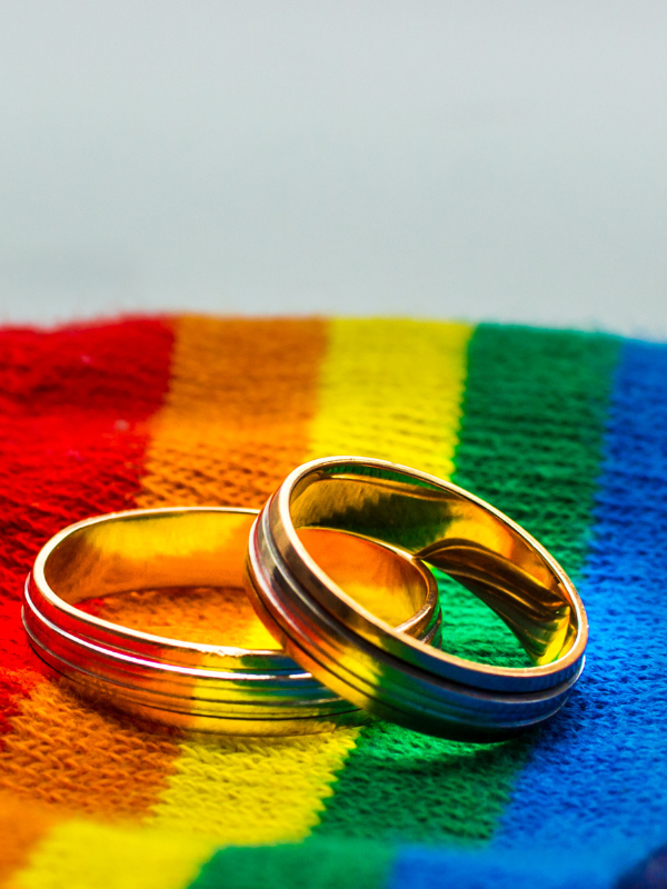 wedding rings on a rainbow cloth